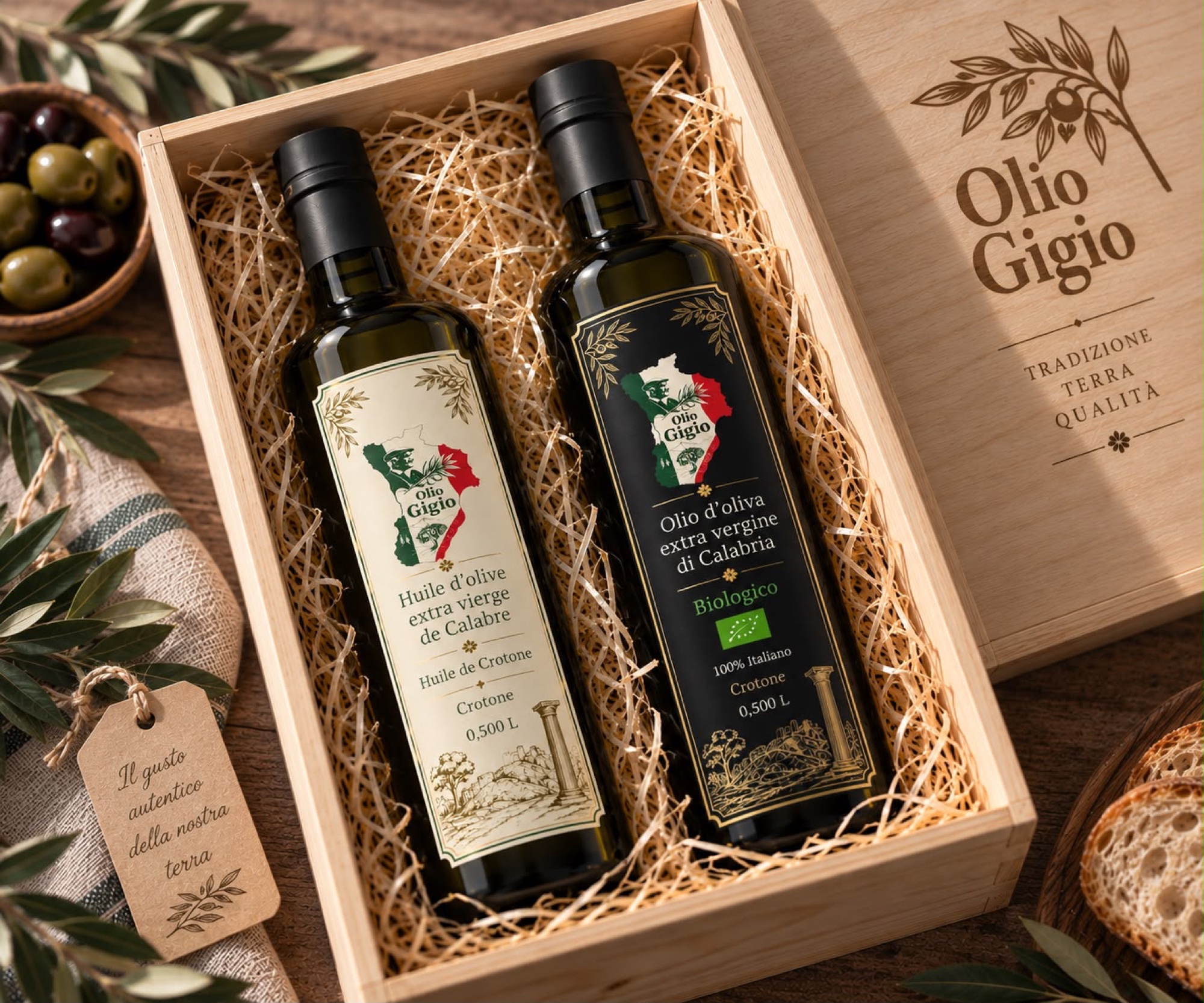 Coffret en bois Olio Gigio avec les deux bouteilles — Tradition, Terra, Qualità