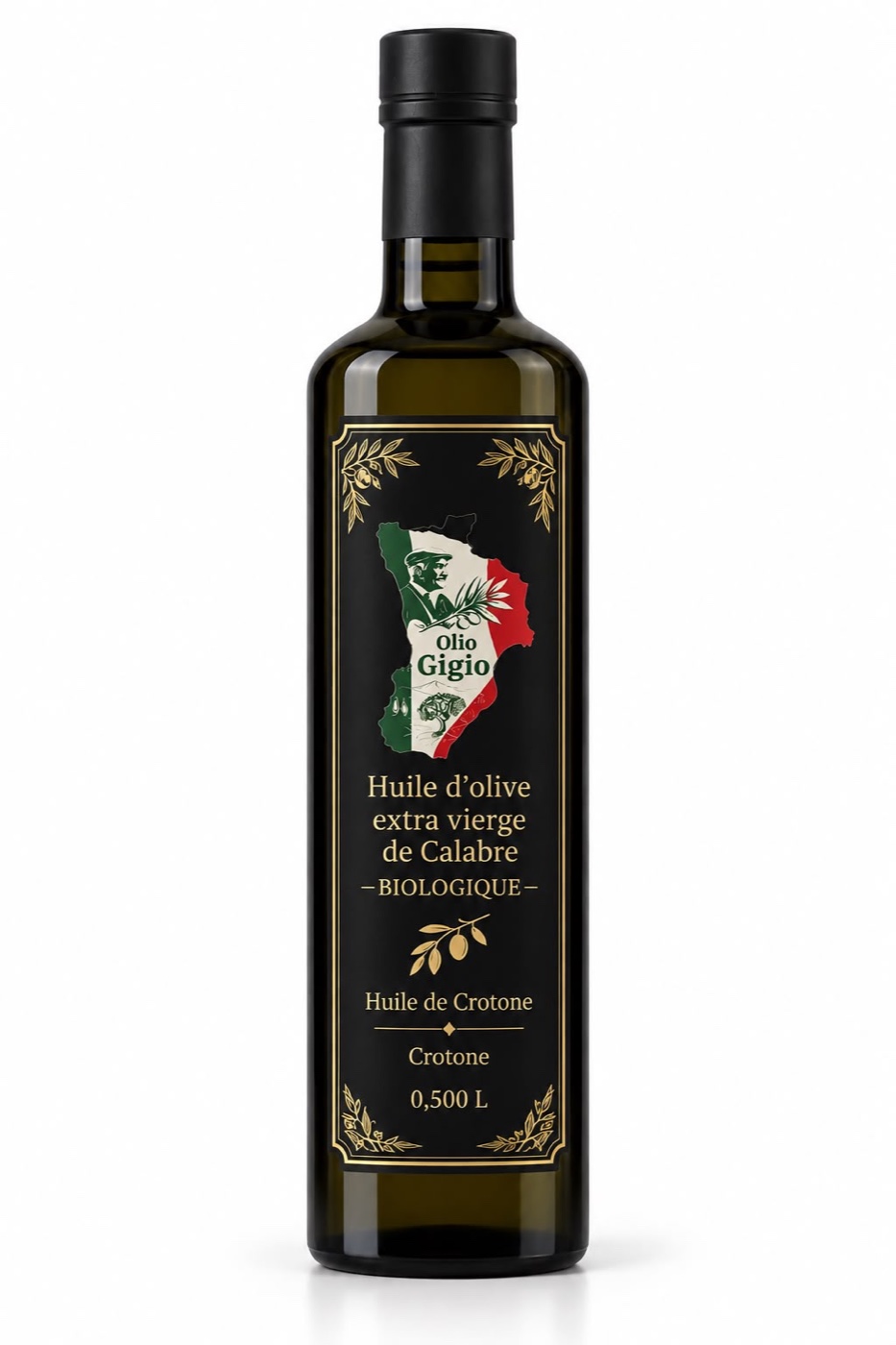 Bouteille Olio Gigio — huile d'olive extra vierge biologique, étiquette noire 50 cl