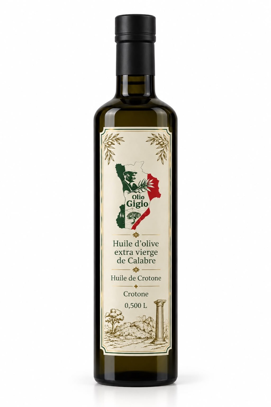 Bouteille Olio Gigio — huile d'olive extra vierge, étiquette crème 50 cl